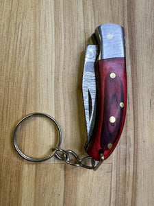 Damascus Keychain Knife with Red Wood Handle