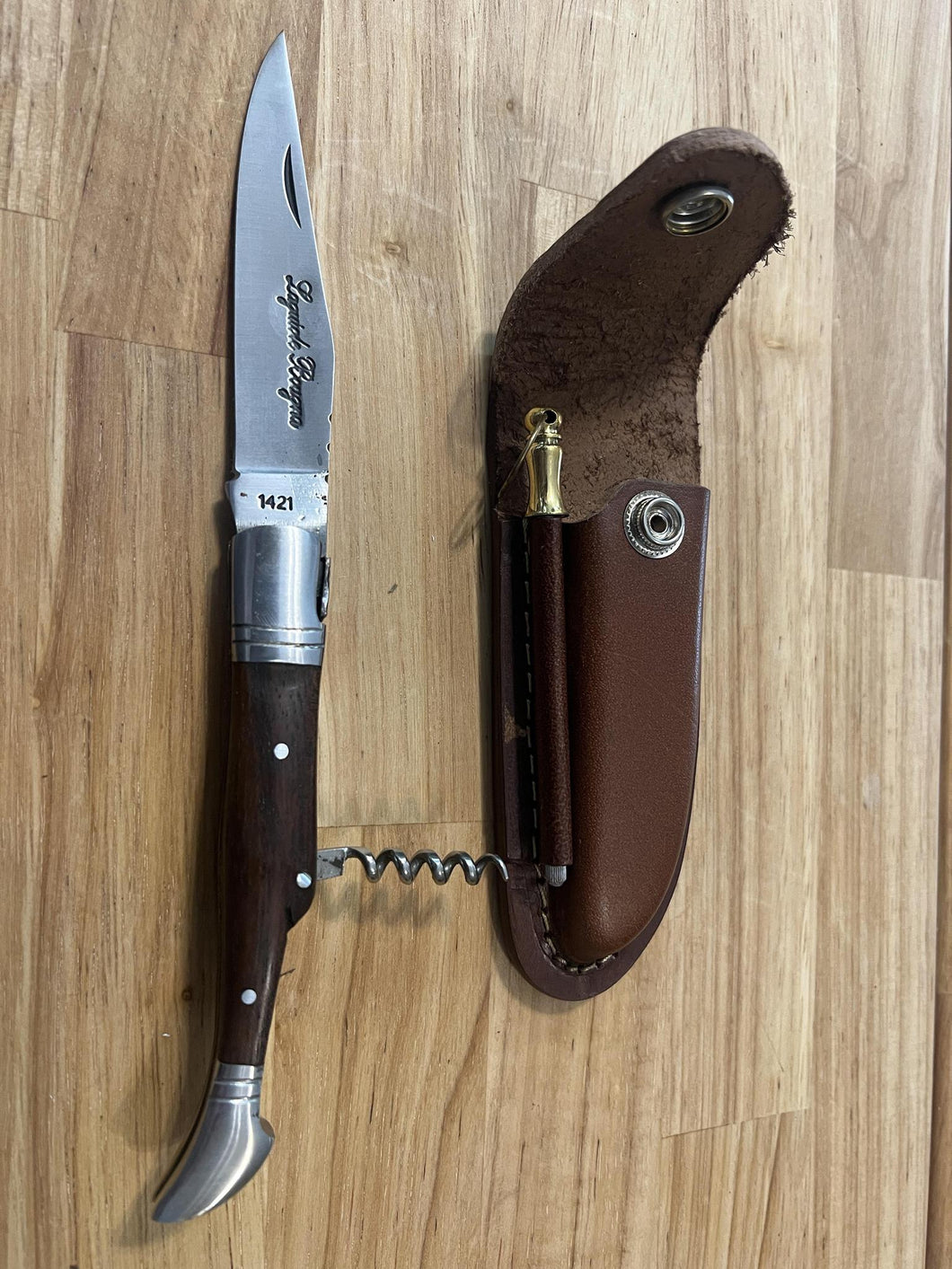 Pocket Knife with Solid Black Walnut Wood Handle, Wine Opener, & Honing Rod