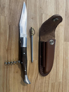 Pocket Knife with Solid Black Walnut Wood Handle, Wine Opener, & Honing Rod