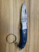 Load image into Gallery viewer, Damascus Keychain Knife with Blue Wood Handle
