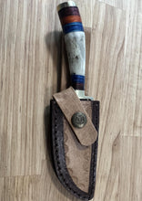 Load image into Gallery viewer, Small Damascus Knife with Antler &amp; Dyed Wood Handle
