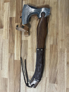 Viking Axe with Brown Leather Wrapped Wood Handle