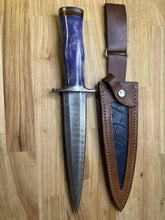 Load image into Gallery viewer, Damascus Double Edge Knife with Purple camel bone Handle
