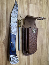 Load image into Gallery viewer, Damascus Pocket Knife with Blue wood Handle &amp; Honing Rod
