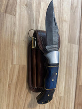 Load image into Gallery viewer, Damascus Pocket Knife with Blue &amp; Black Dyed Wood Handle &amp; Honing Rod

