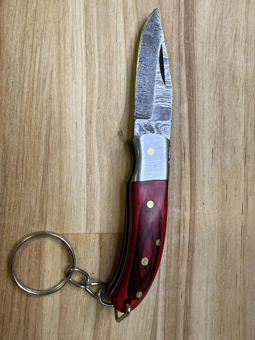 Damascus Keychain Knife with Red Wood Handle