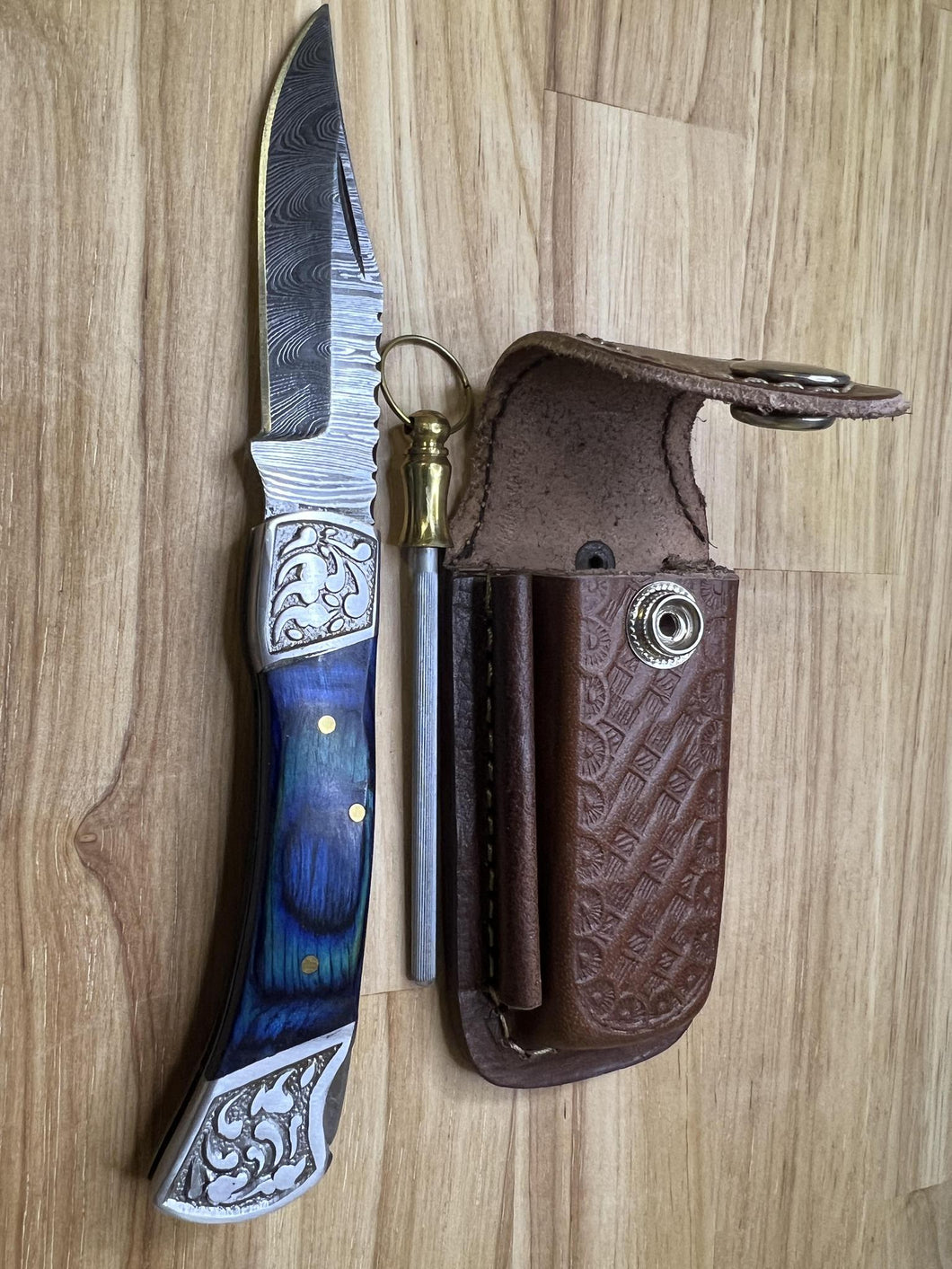 Damascus Pocket Knife with Blue wood Handle & Honing Rod