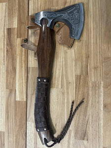 Viking Axe with Brown Leather Wrapped Wood Handle