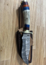 Load image into Gallery viewer, Small Damascus Knife with Antler &amp; Dyed Wood Handle
