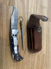 Load image into Gallery viewer, Damascus Pocket Knife with Blue &amp; Black Dyed Wood Handle &amp; Honing Rod

