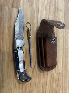 Damascus Pocket Knife with Blue & Black Dyed Wood Handle & Honing Rod