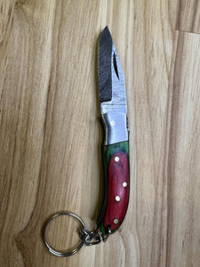 Damascus Keychain Knife with Green/Red Wood Handle