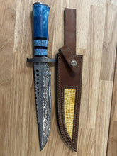 Load image into Gallery viewer, Damascus Knife with Blue Dyed Antler &amp; Acrylic Handle
