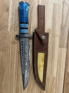 Damascus Knife with Blue Dyed Antler & Acrylic Handle