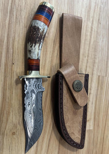 Small Damascus Knife with Antler & Dyed Wood Handle