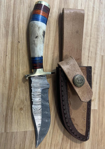 Small Damascus Knife with Antler & Dyed Wood Handle