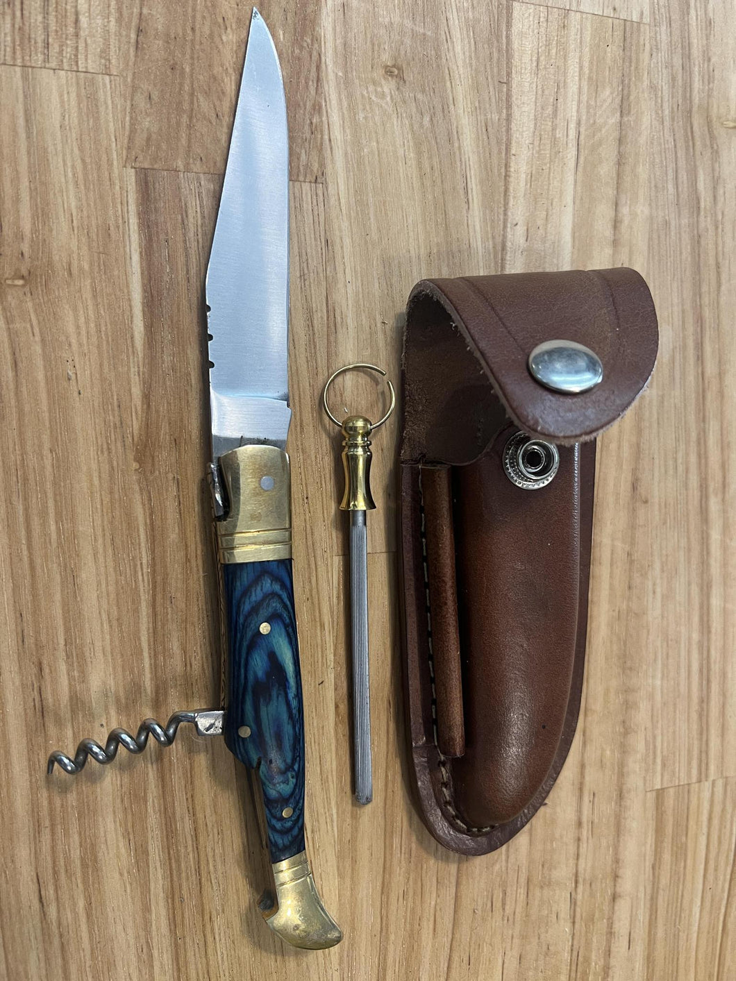 Pocket Knife with Blue Dyed Wood Handle, Wine Opener, & Honing Rod