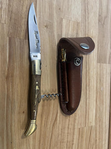 Pocket Knife with Solid Oak Wood Handle, Wine Opener, & Honing Rod