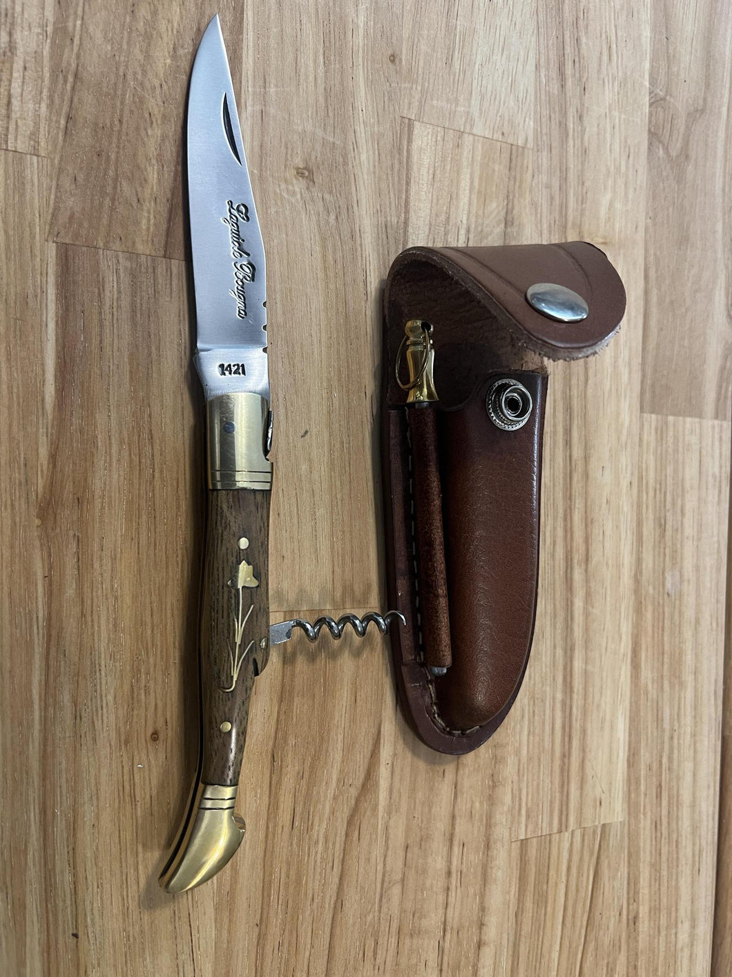 Pocket Knife with Solid Oak Wood Handle, Wine Opener, & Honing Rod