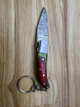 Load image into Gallery viewer, Damascus Keychain Knife with Green/Red Wood Handle
