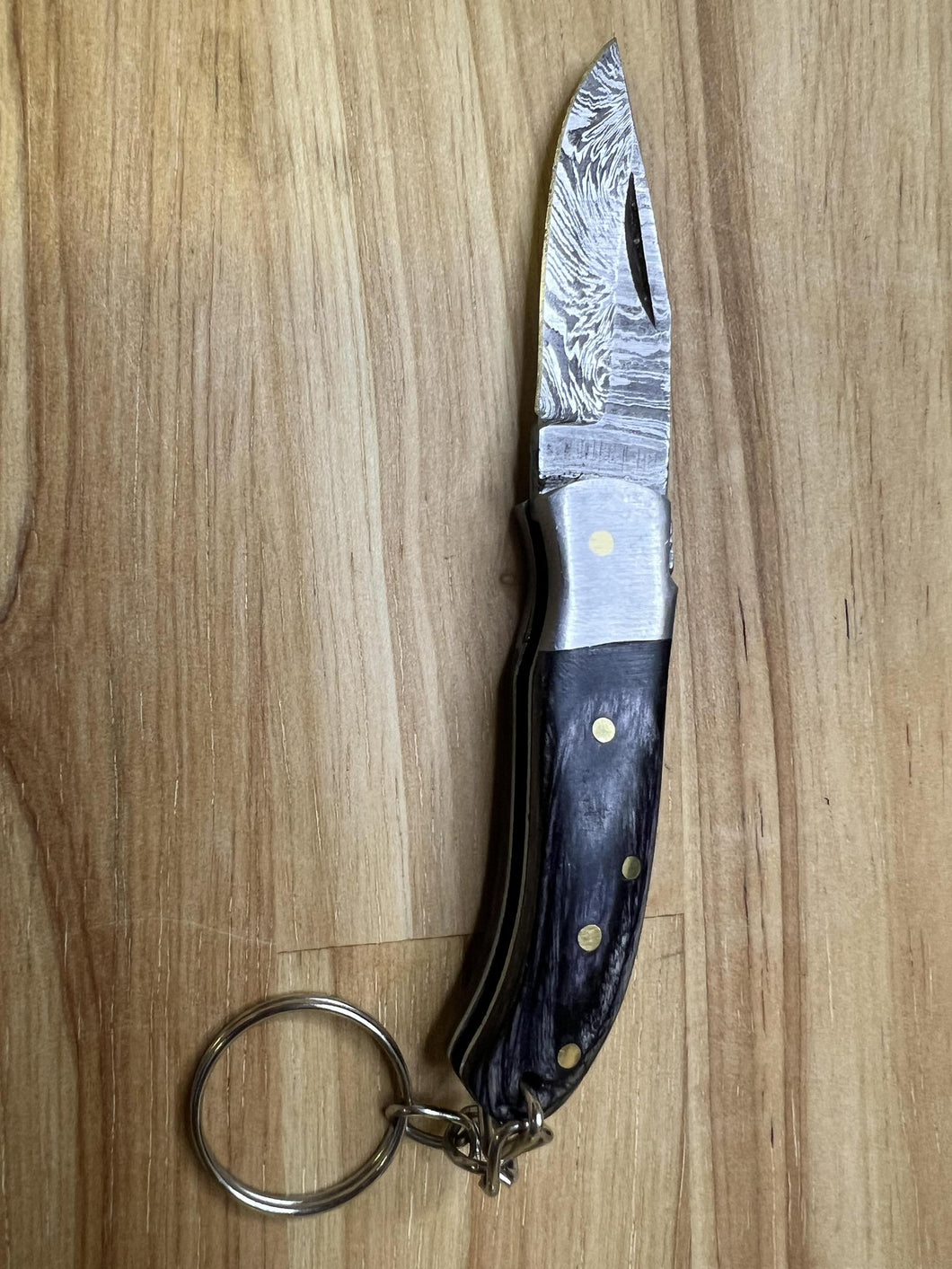 Damascus Keychain Knife with Black Wood Handle