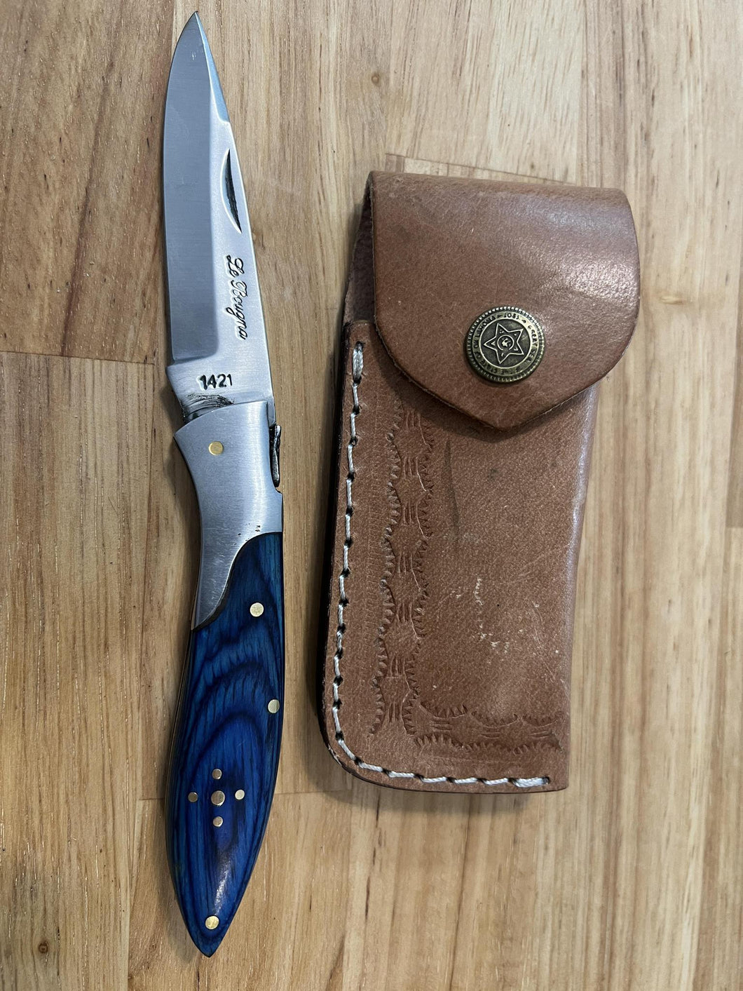 Pocket Knife with Blue Dyed Wood Handle