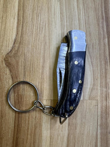 Damascus Keychain Knife with Black Wood Handle