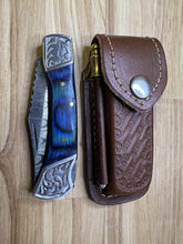 Load image into Gallery viewer, Damascus Pocket Knife with Blue wood Handle &amp; Honing Rod
